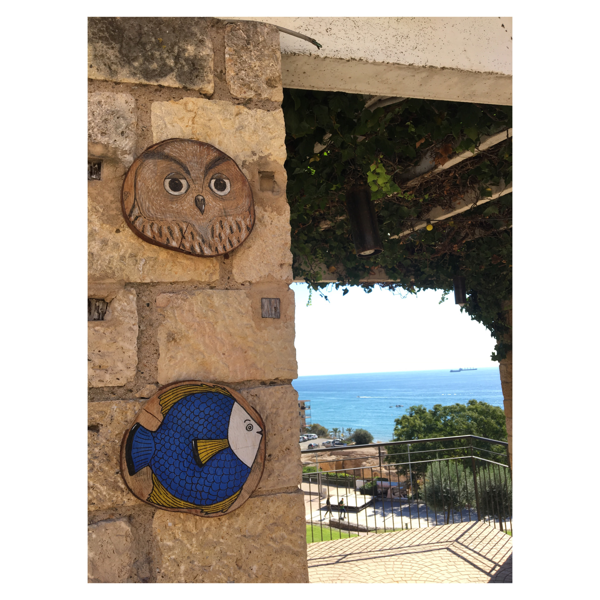 Mussol i peix pintats sobre rodanxes de fusta en un mur de pedra