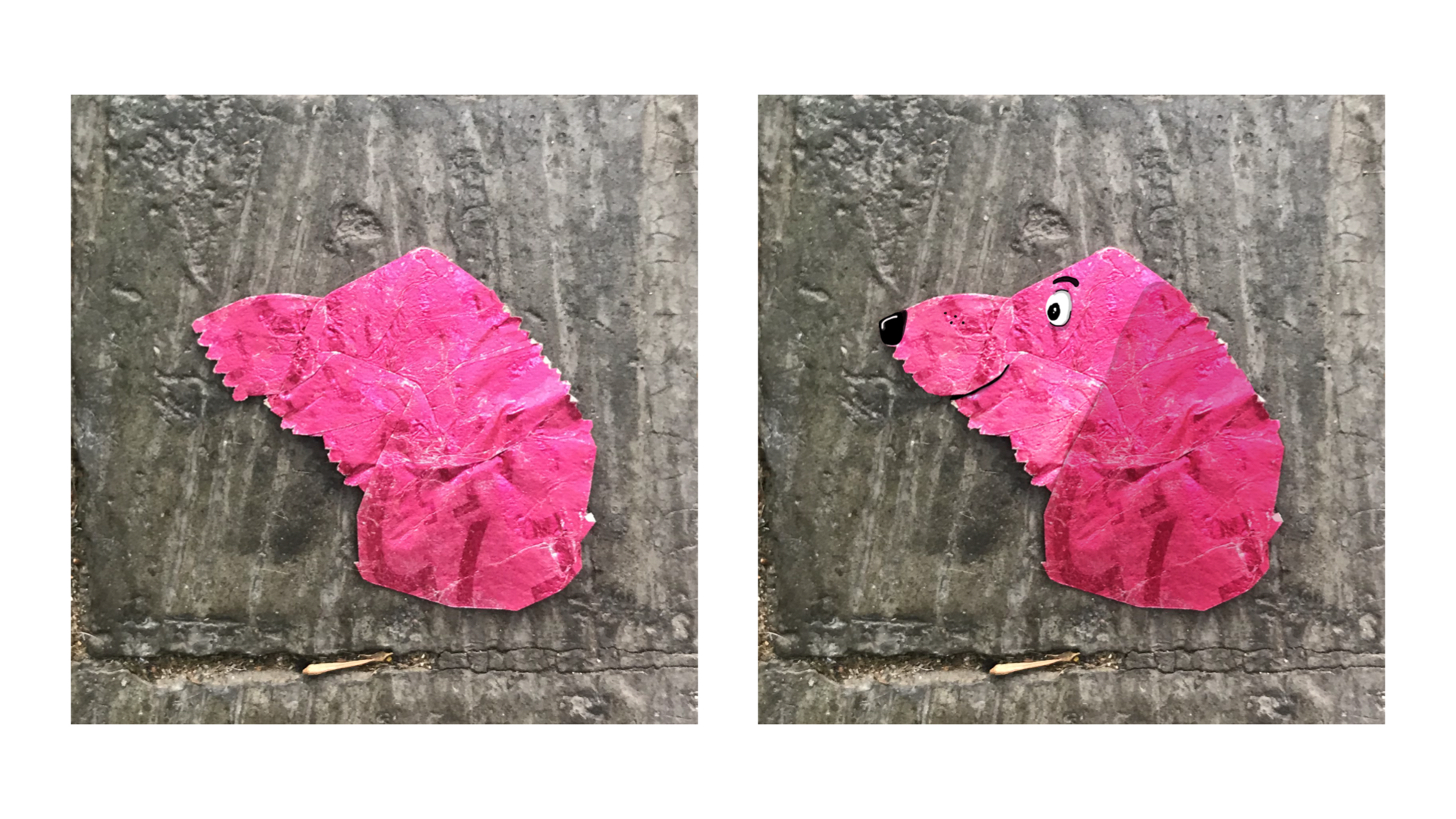 Una fulla rosa que es converteix en un gos