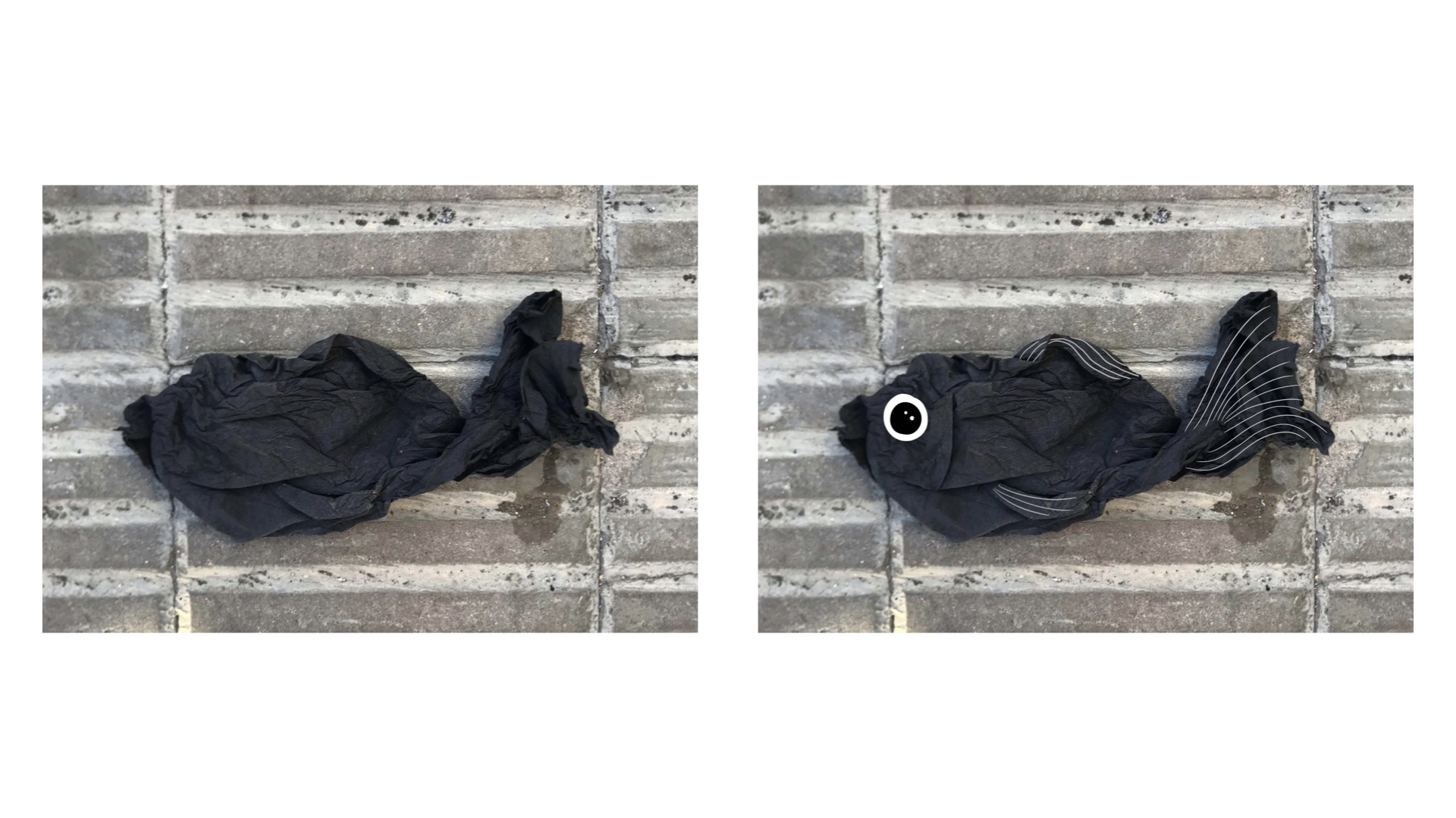Un drap negre que es converteix en un peix